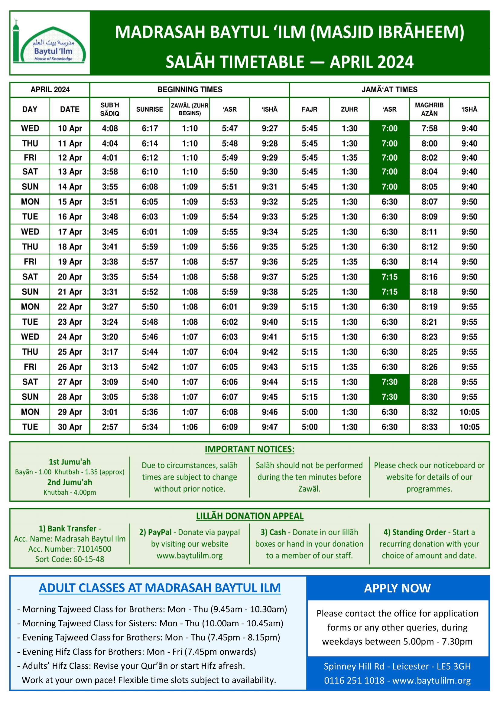 April 2024 Salah Timetable