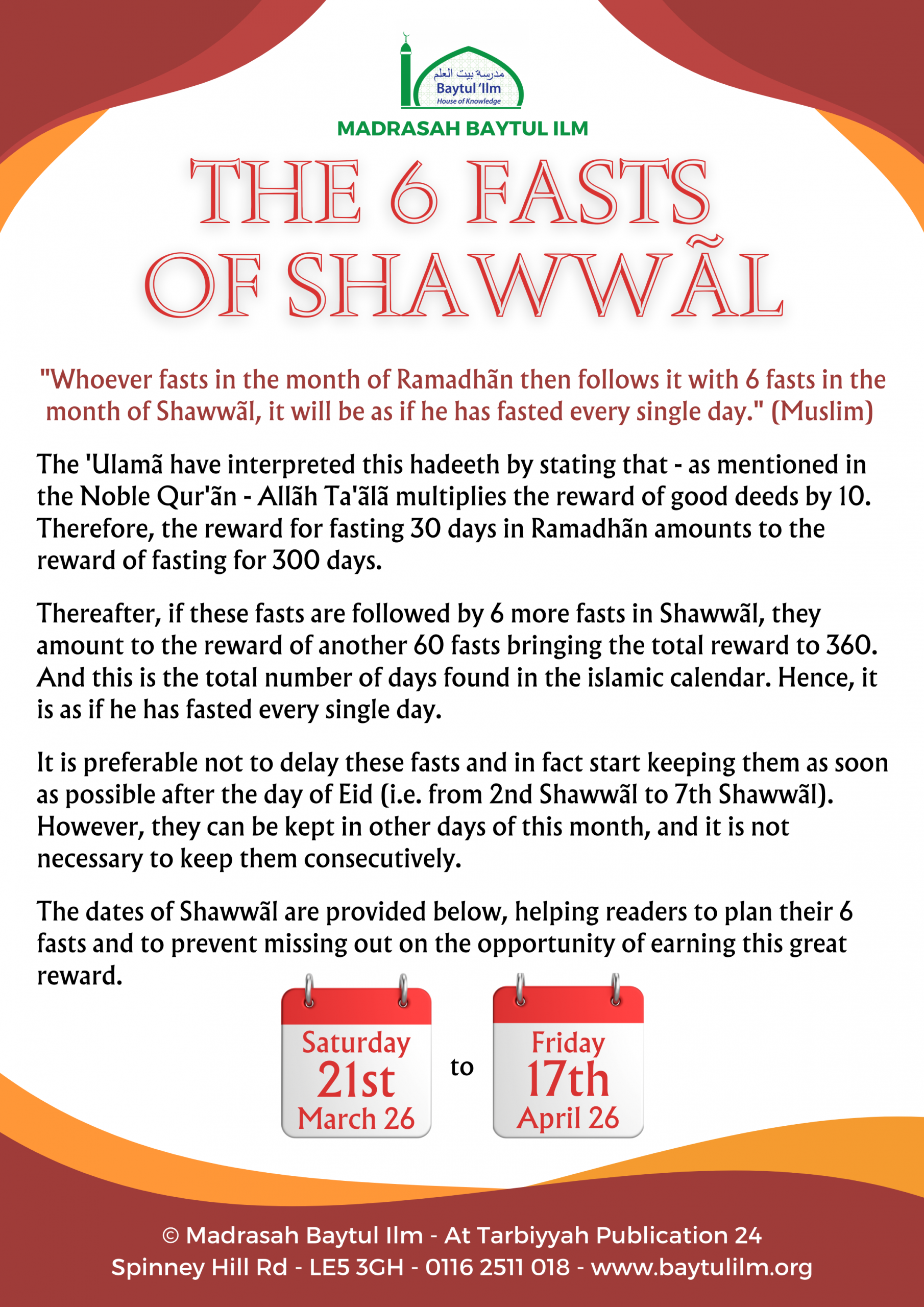 The 6 Fasts of Shawwal 2026